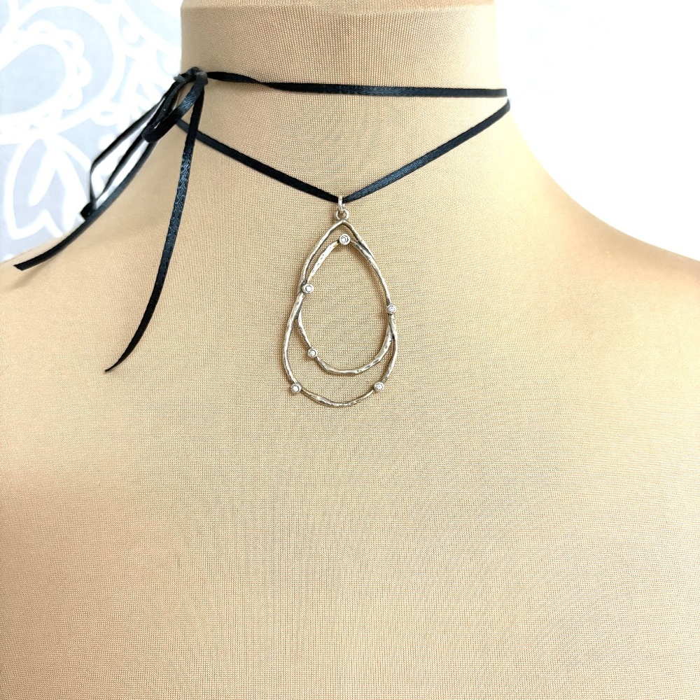 necklace pendant sterling silver clear crystal vintage string abstract 2" oval